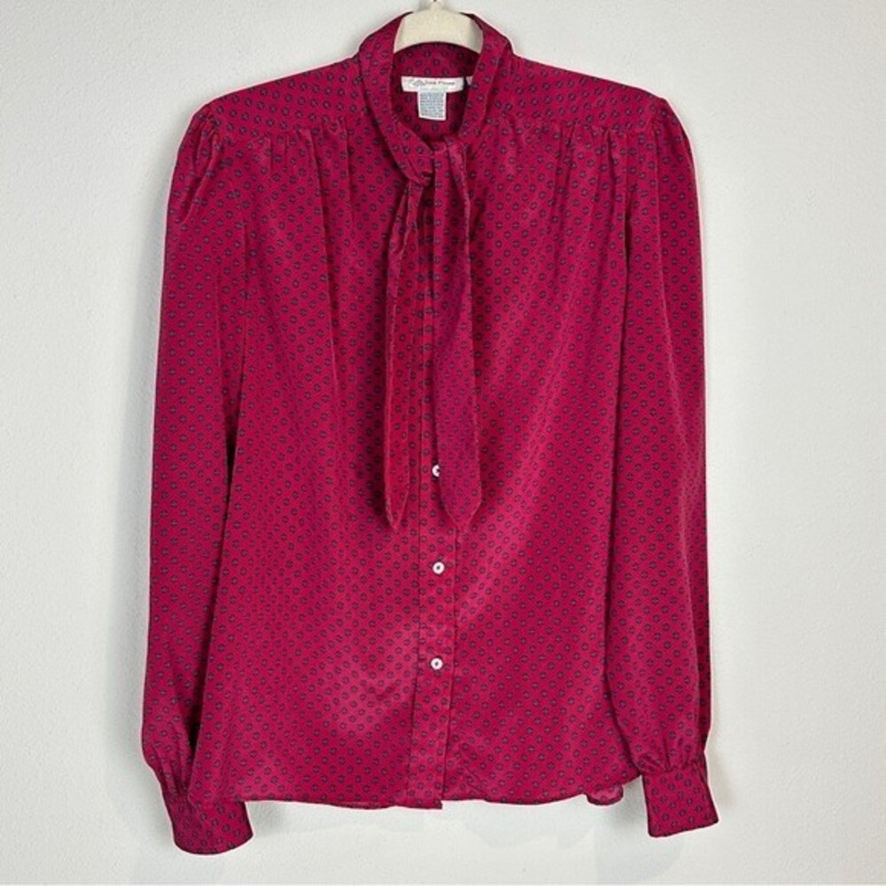 Vintage Evan Picone Maroon Print Tie Neck Polyester Top 10